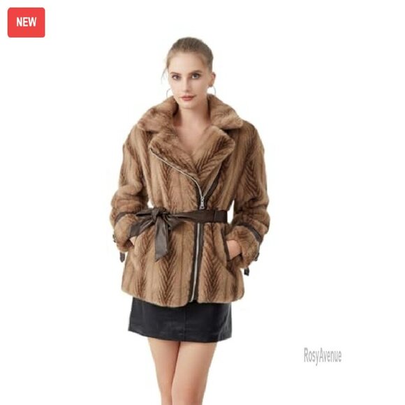 Faux Fur Cropped Jacket with Belted Waist and Leather Accents - Picture 3 of 8